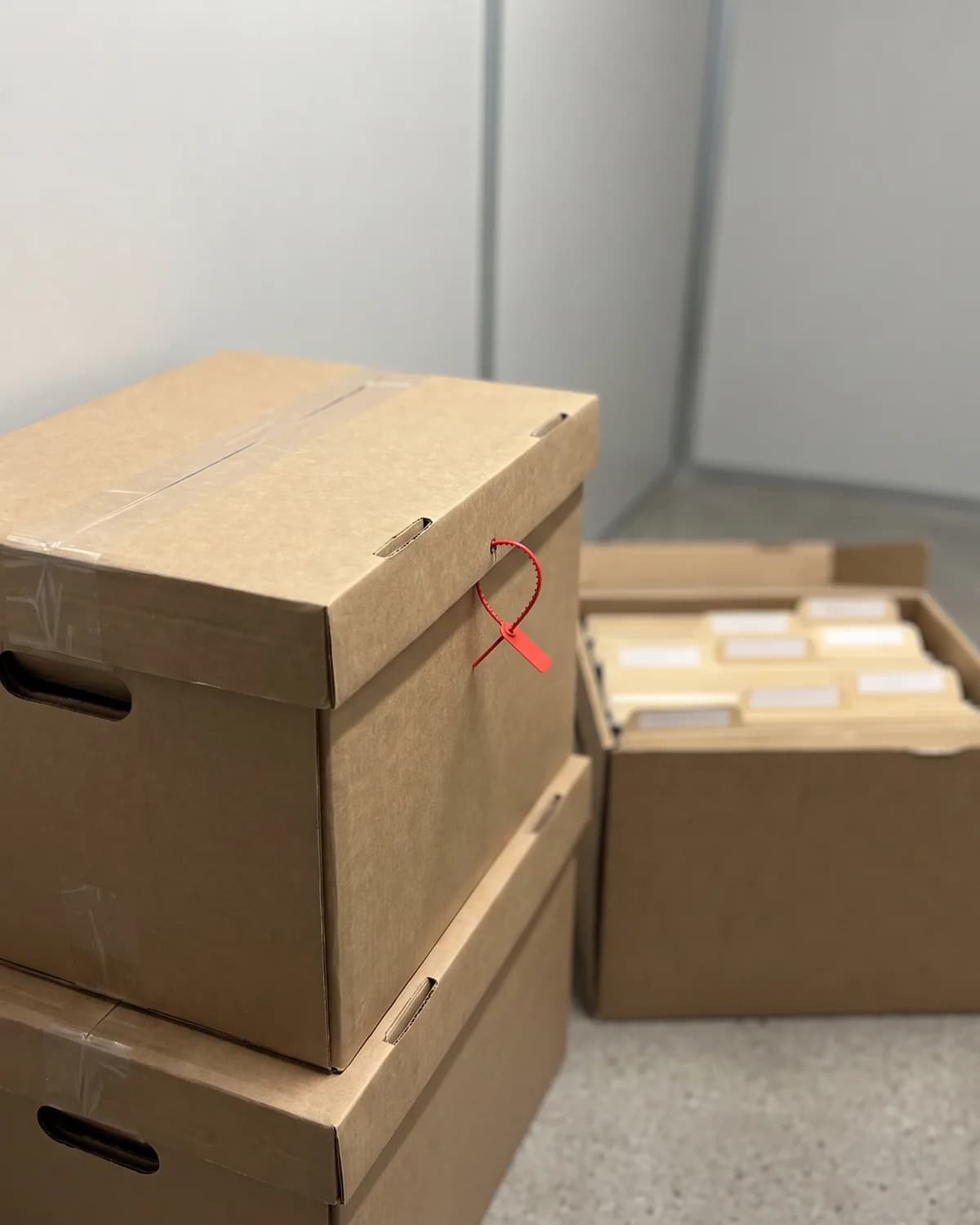Ilustração de caixas lacradas com pastas de documentos dentro de um box